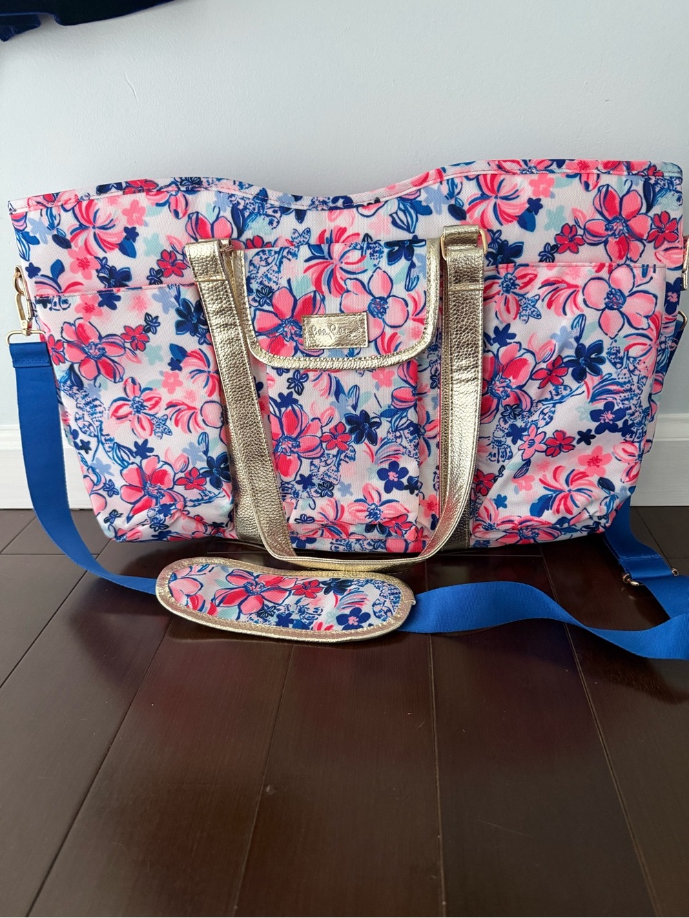 Lilly Pulitzer Pink, Navy & Gold Floral Insulated Tote with Blue Strap